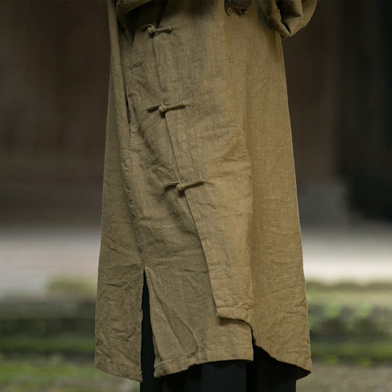 Buddha Stones Solid Color Frog-Button Long Sleeve Ramie Linen Midi Dress - image 13