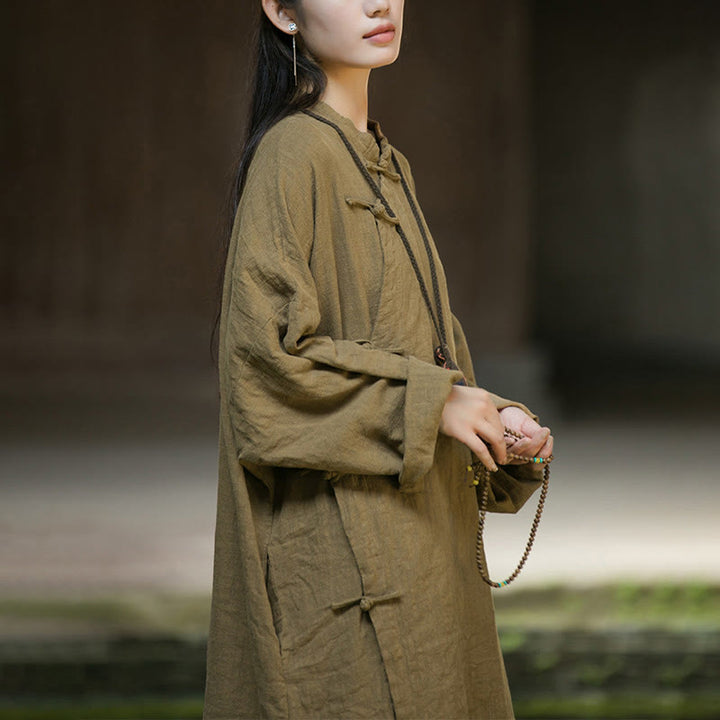 Buddha Stones Solid Color Frog-Button Long Sleeve Ramie Linen Midi Dress