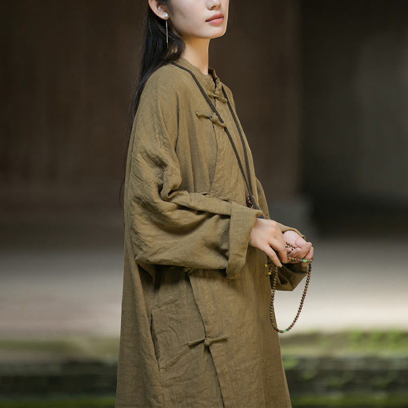 Buddha Stones Solid Color Frog-Button Long Sleeve Ramie Linen Midi Dress - image 12