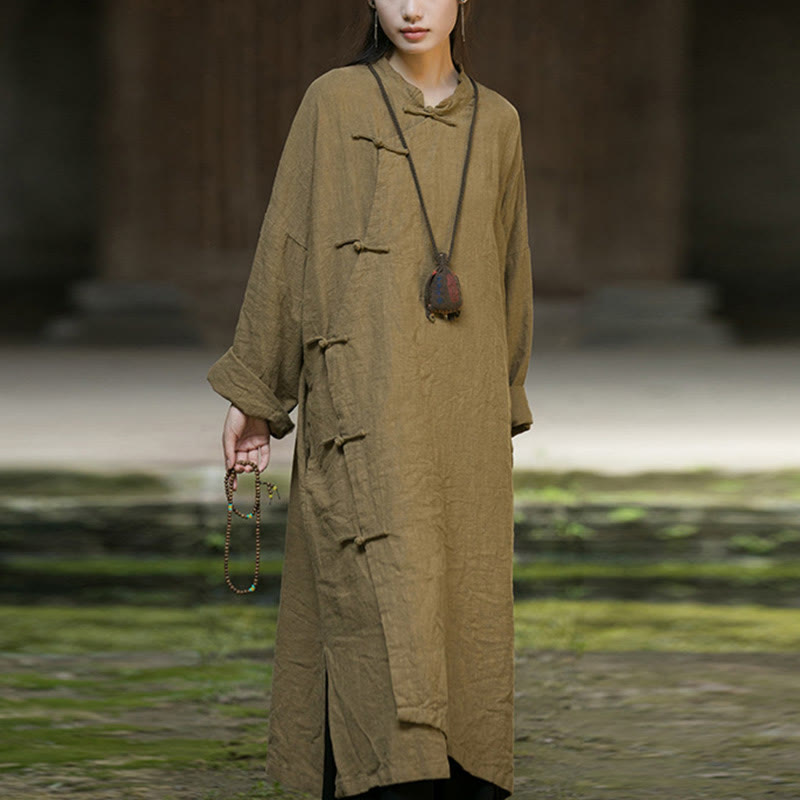 Buddha Stones Solid Color Frog-Button Long Sleeve Ramie Linen Midi Dress - image 3