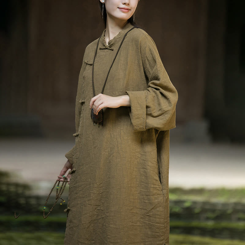 Buddha Stones Solid Color Frog-Button Long Sleeve Ramie Linen Midi Dress