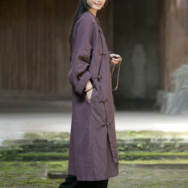 Buddha Stones Solid Color Frog-Button Long Sleeve Ramie Linen Midi Dress