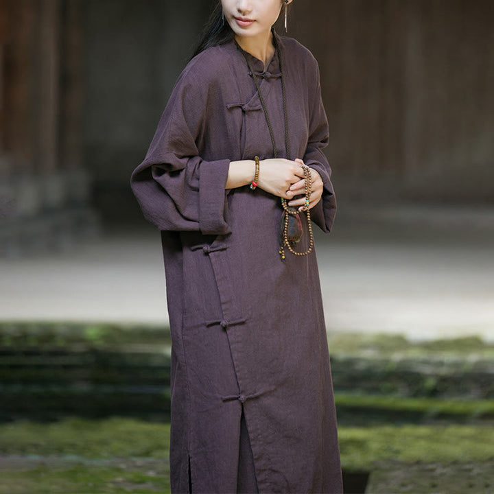 Buddha Stones Solid Color Frog-Button Long Sleeve Ramie Linen Midi Dress