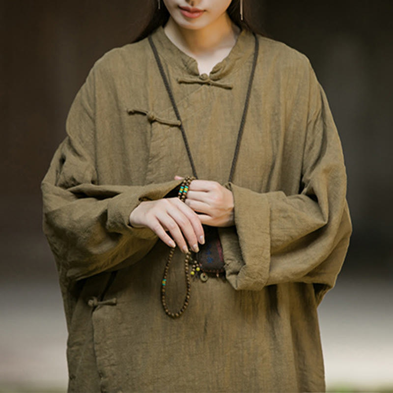 Buddha Stones Solid Color Frog-Button Long Sleeve Ramie Linen Midi Dress - image 11