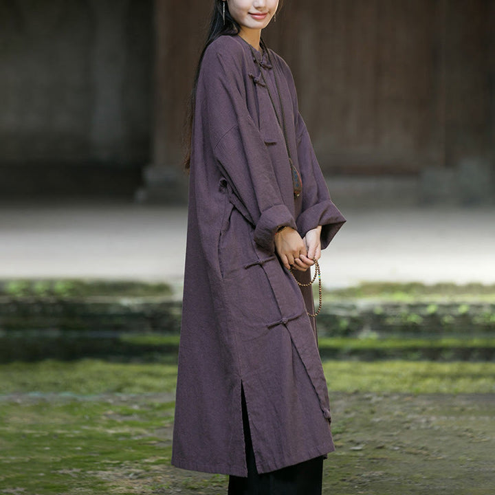 Buddha Stones Solid Color Frog-Button Long Sleeve Ramie Linen Midi Dress