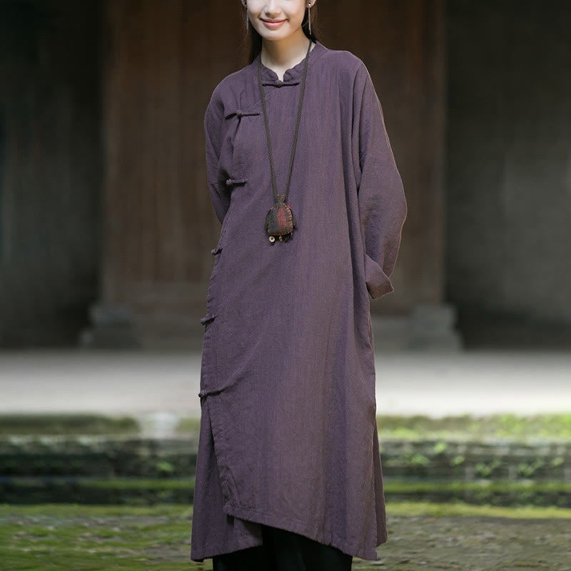 Buddha Stones Solid Color Frog-Button Long Sleeve Ramie Linen Midi Dress