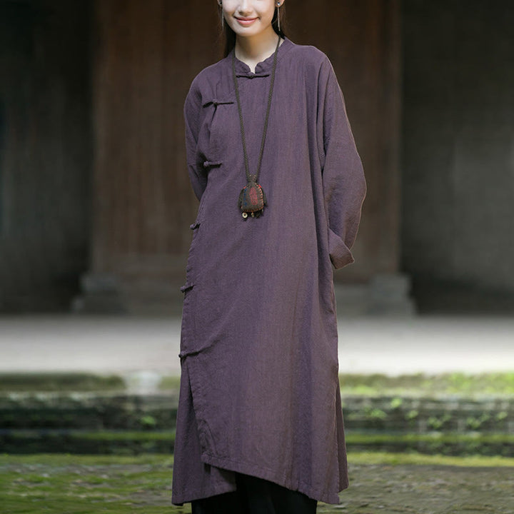 Buddha Stones Solid Color Frog-Button Long Sleeve Ramie Linen Midi Dress