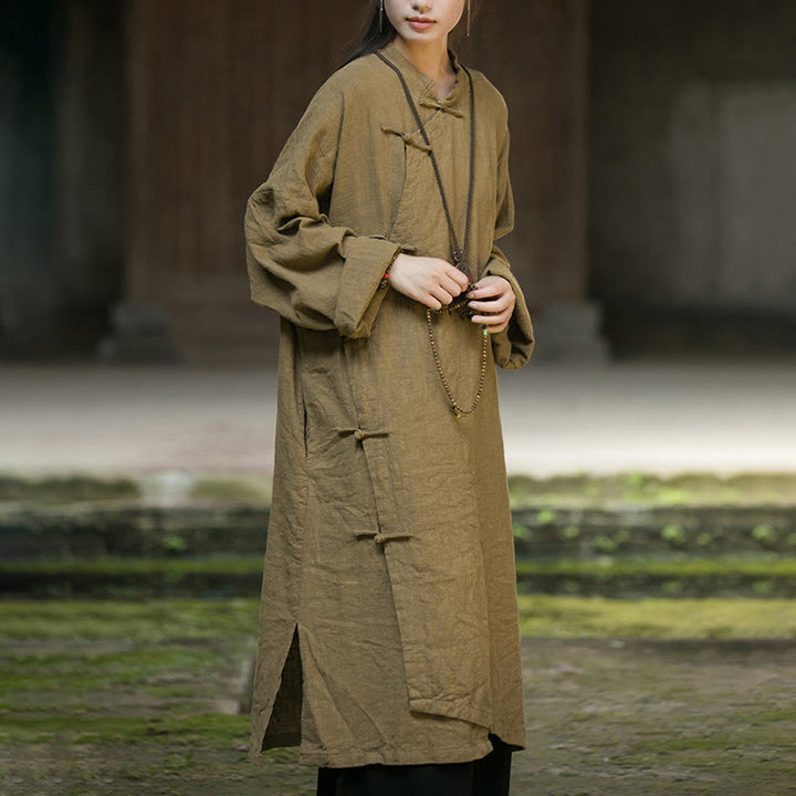 Buddha Stones Solid Color Frog-Button Long Sleeve Ramie Linen Midi Dress