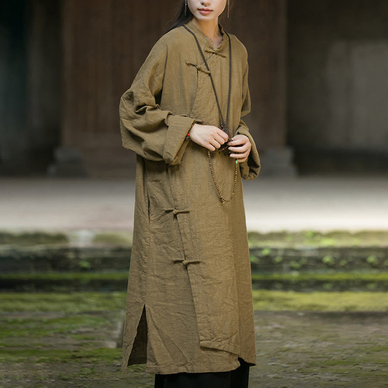 Buddha Stones Solid Color Frog-Button Long Sleeve Ramie Linen Midi Dress - image 2
