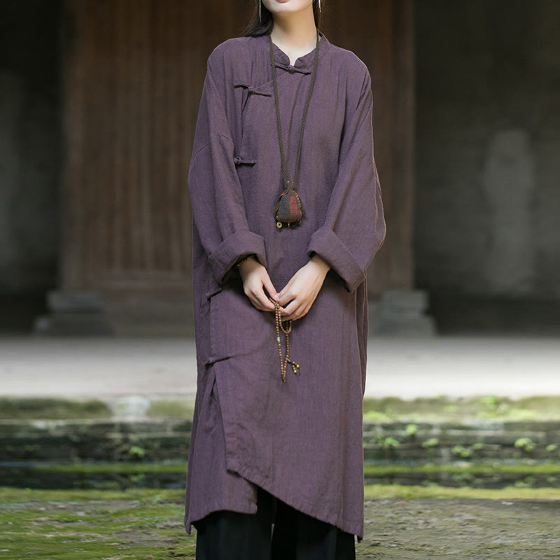 Buddha Stones Solid Color Frog-Button Long Sleeve Ramie Linen Midi Dress