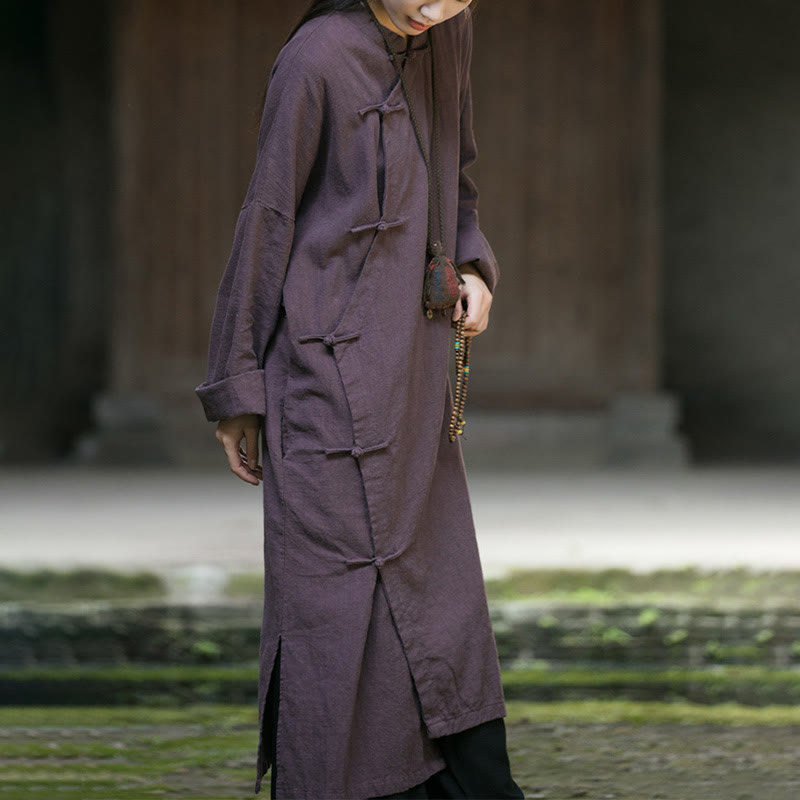 Buddha Stones Solid Color Frog-Button Long Sleeve Ramie Linen Midi Dress