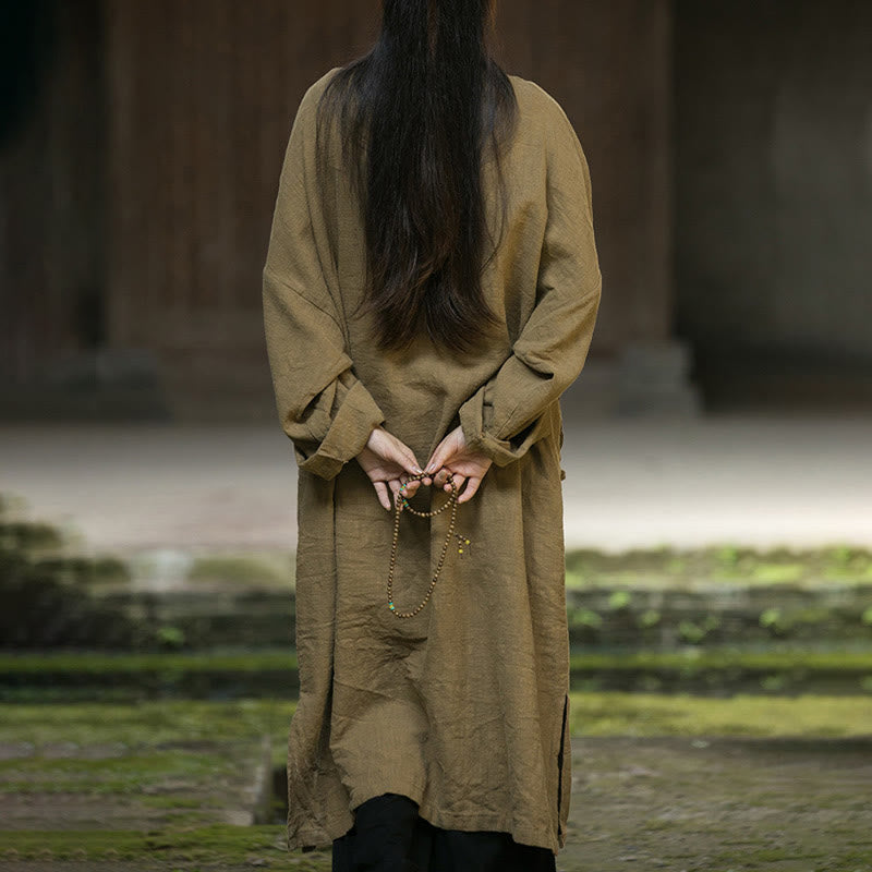 Buddha Stones Solid Color Frog-Button Long Sleeve Ramie Linen Midi Dress - image 4