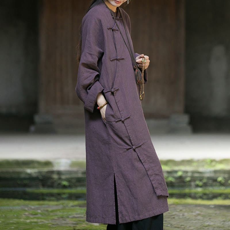 Buddha Stones Solid Color Frog-Button Long Sleeve Ramie Linen Midi Dress