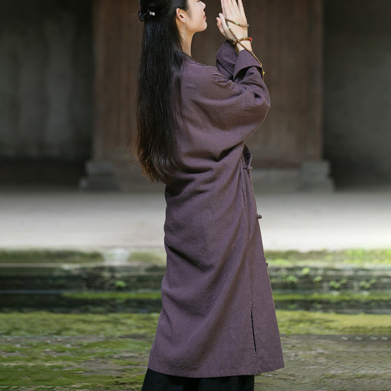 Buddha Stones Solid Color Frog-Button Long Sleeve Ramie Linen Midi Dress - image 17