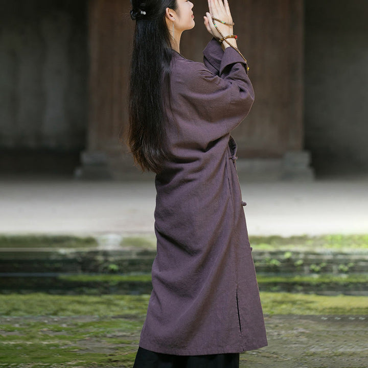 Buddha Stones Solid Color Frog-Button Long Sleeve Ramie Linen Midi Dress - image 17