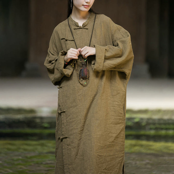 Buddha Stones Solid Color Frog-Button Long Sleeve Ramie Linen Midi Dress