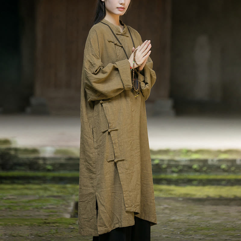 Buddha Stones Solid Color Frog-Button Long Sleeve Ramie Linen Midi Dress