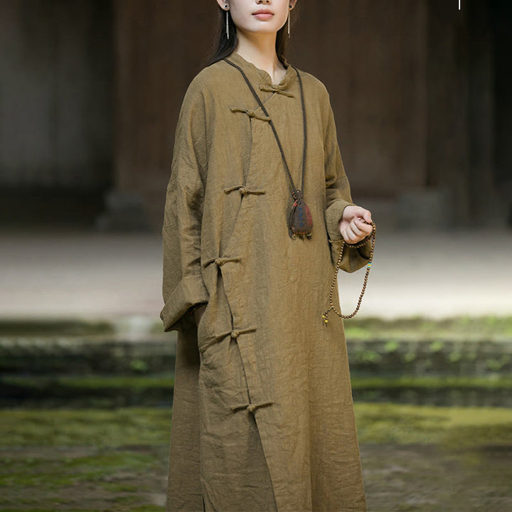 Buddha Stones Solid Color Frog-Button Long Sleeve Ramie Linen Midi Dress