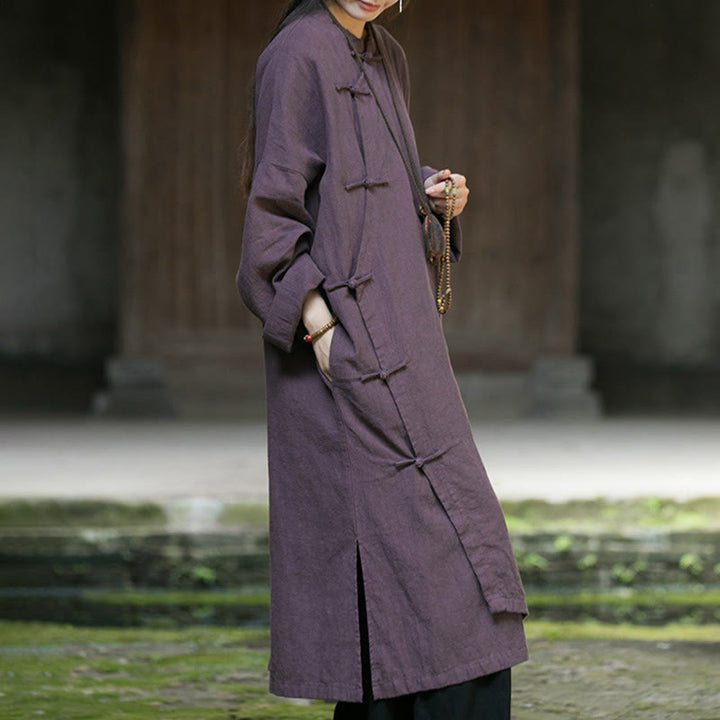 Buddha Stones Solid Color Frog-Button Long Sleeve Ramie Linen Midi Dress - image 19