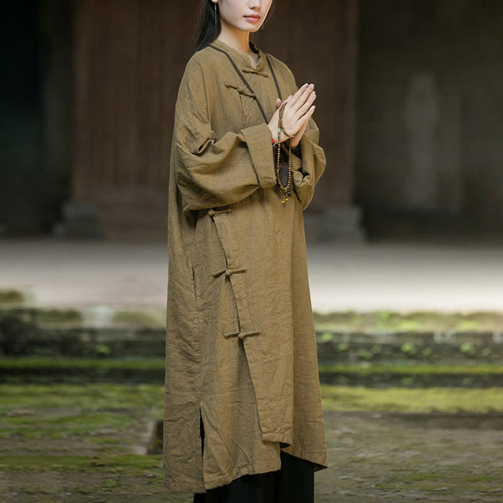 Buddha Stones Solid Color Frog-Button Long Sleeve Ramie Linen Midi Dress - image 7