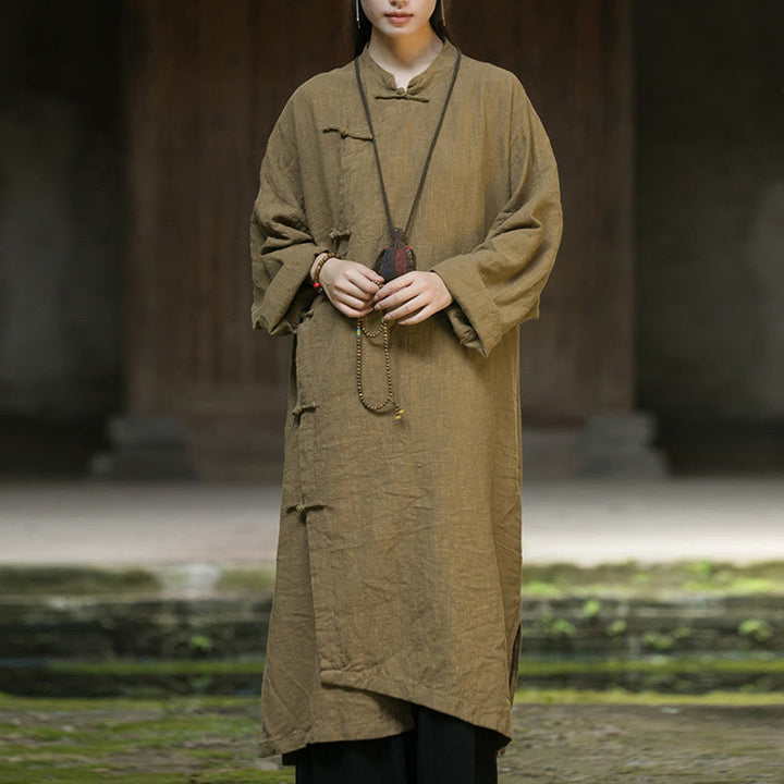 Buddha Stones Solid Color Frog-Button Long Sleeve Ramie Linen Midi Dress