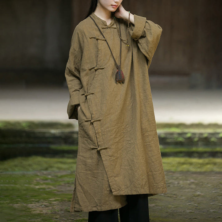 Buddha Stones Solid Color Frog-Button Long Sleeve Ramie Linen Midi Dress