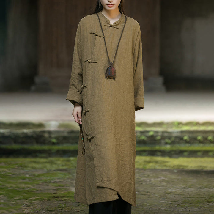 Buddha Stones Solid Color Frog-Button Long Sleeve Ramie Linen Midi Dress - image 1