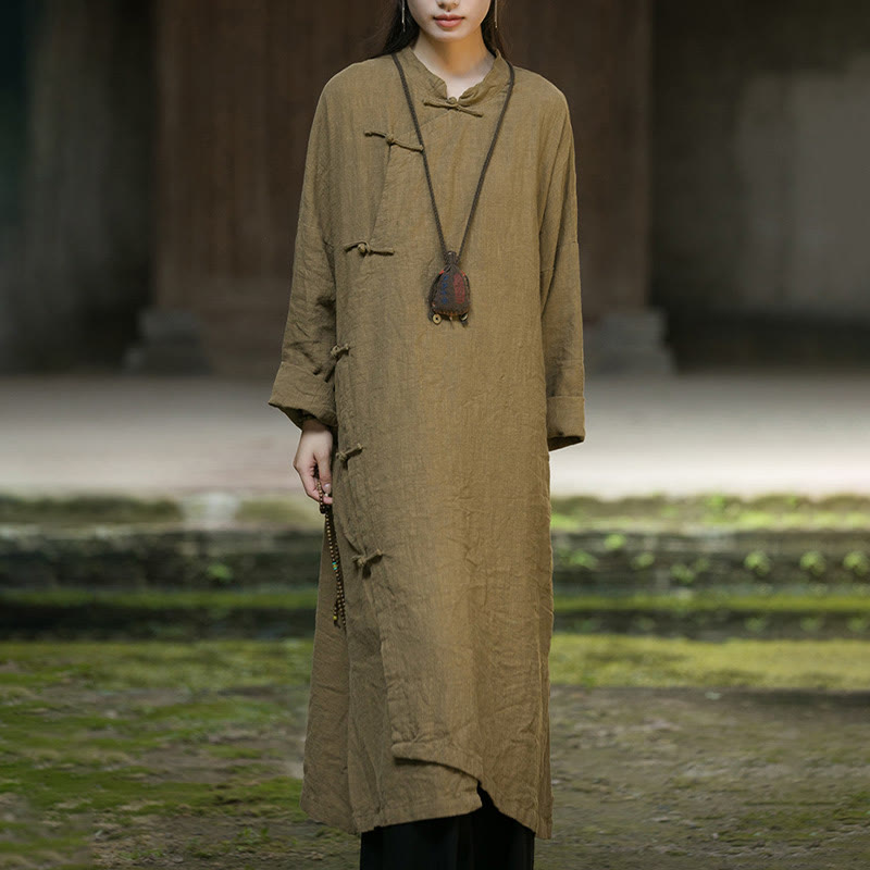 Buddha Stones Solid Color Frog-Button Long Sleeve Ramie Linen Midi Dress