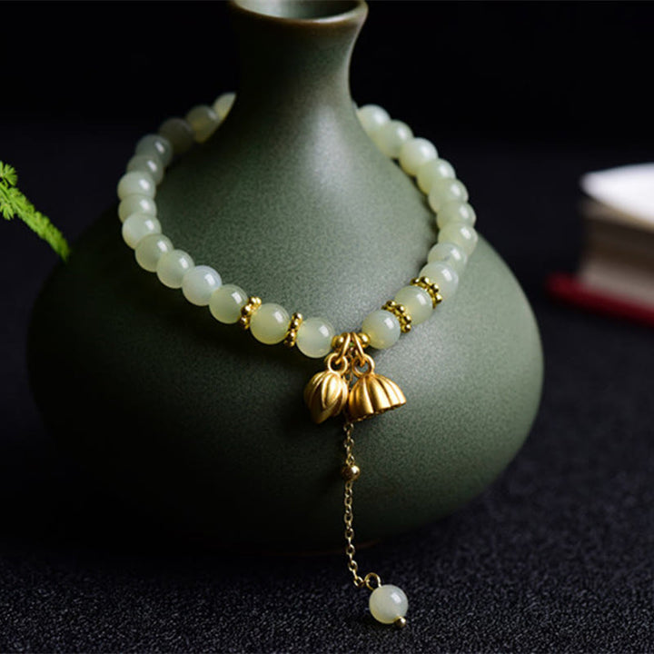 Buddha Stones Natural Hetian Jade Lotus Luck Bracelet