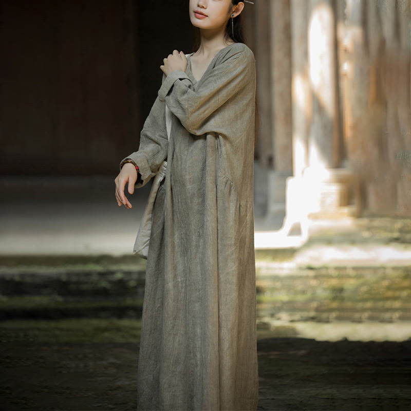 Buddha Stones Solid Color Chinese V-neck Long Sleeve Ramie Linen Midi Dress