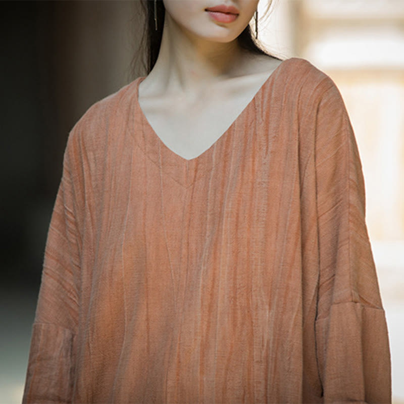 Buddha Stones Solid Color Chinese V-neck Long Sleeve Ramie Linen Midi Dress - image 31