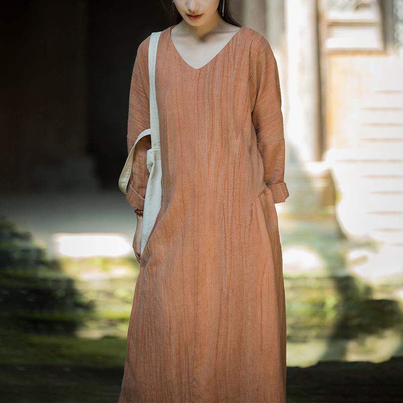 Buddha Stones Solid Color Chinese V-neck Long Sleeve Ramie Linen Midi Dress - image 28