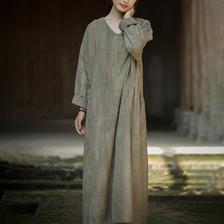 Buddha Stones Solid Color Chinese V-neck Long Sleeve Ramie Linen Midi Dress - image 14