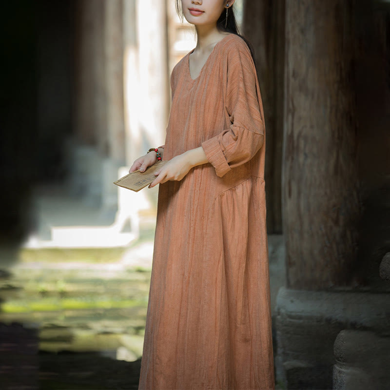 Buddha Stones Solid Color Chinese V-neck Long Sleeve Ramie Linen Midi Dress