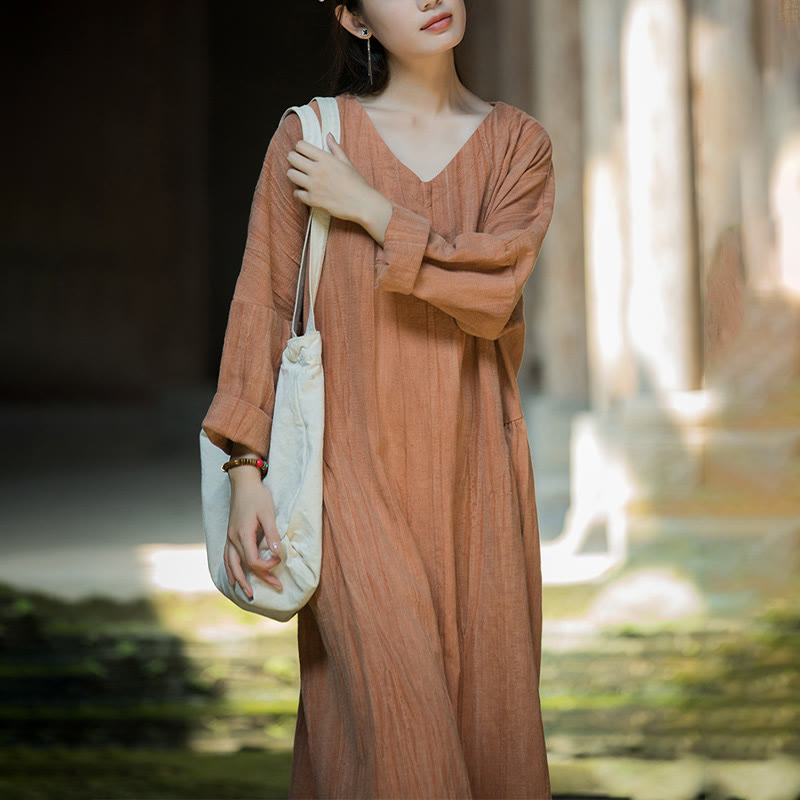 Buddha Stones Solid Color Chinese V-neck Long Sleeve Ramie Linen Midi Dress - image 27