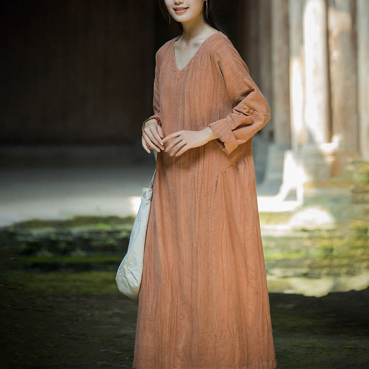 Buddha Stones Solid Color Chinese V-neck Long Sleeve Ramie Linen Midi Dress