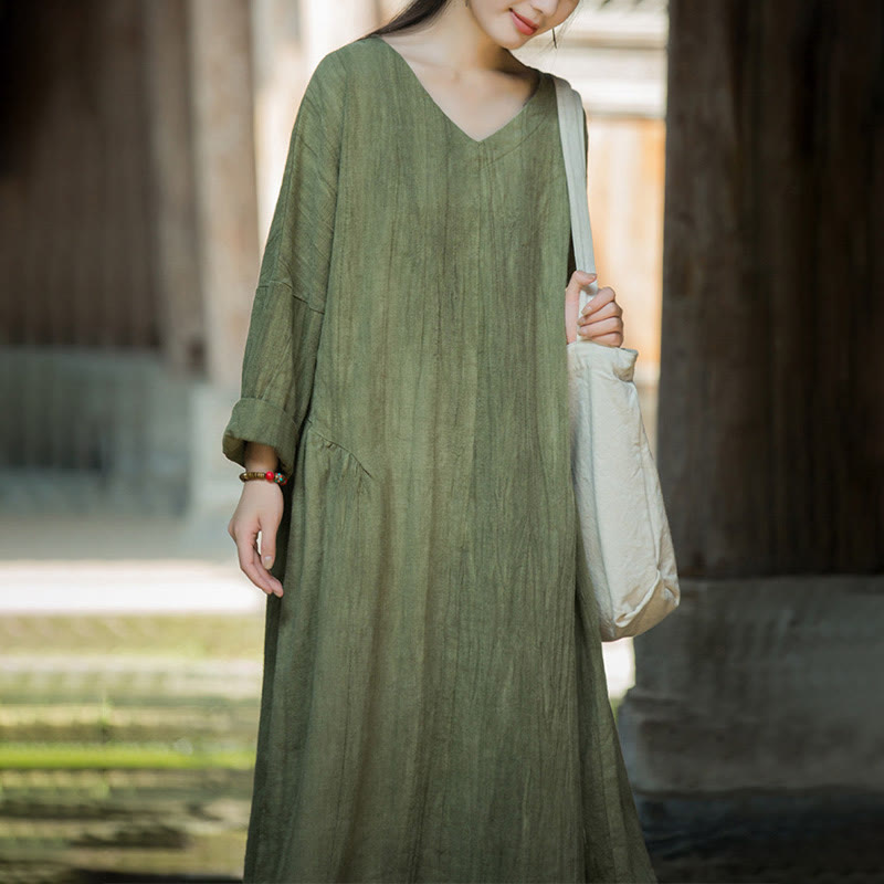 Buddha Stones Solid Color Chinese V-neck Long Sleeve Ramie Linen Midi Dress