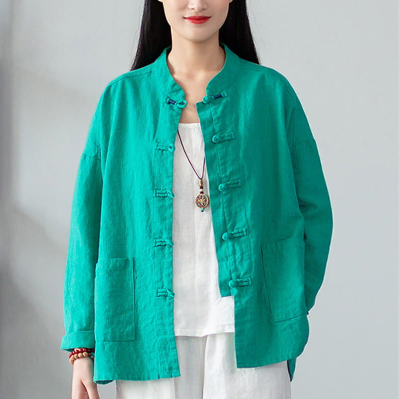 Buddha Stones Solid Color Frog-button Long Sleeve Linen Women's Shirts With Pockets