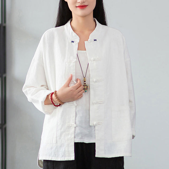 Buddha Stones Solid Color Frog-button Long Sleeve Linen Women's Shirts With Pockets