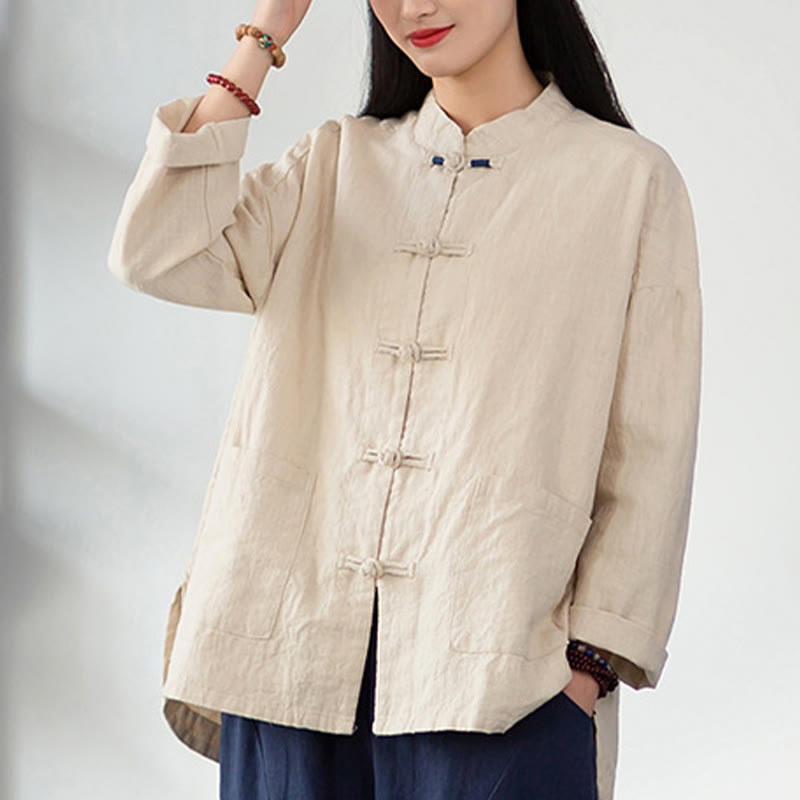 Buddha Stones Solid Color Frog-button Long Sleeve Linen Women's Shirts With Pockets