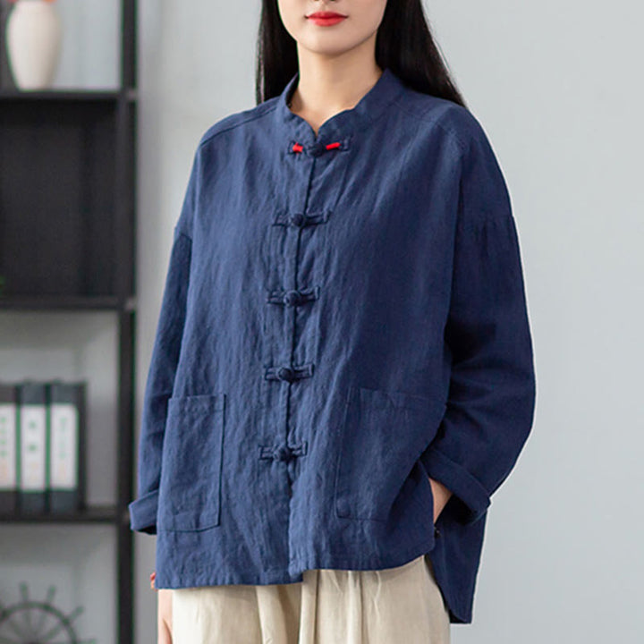 Buddha Stones Solid Color Frog-button Long Sleeve Linen Women's Shirts With Pockets