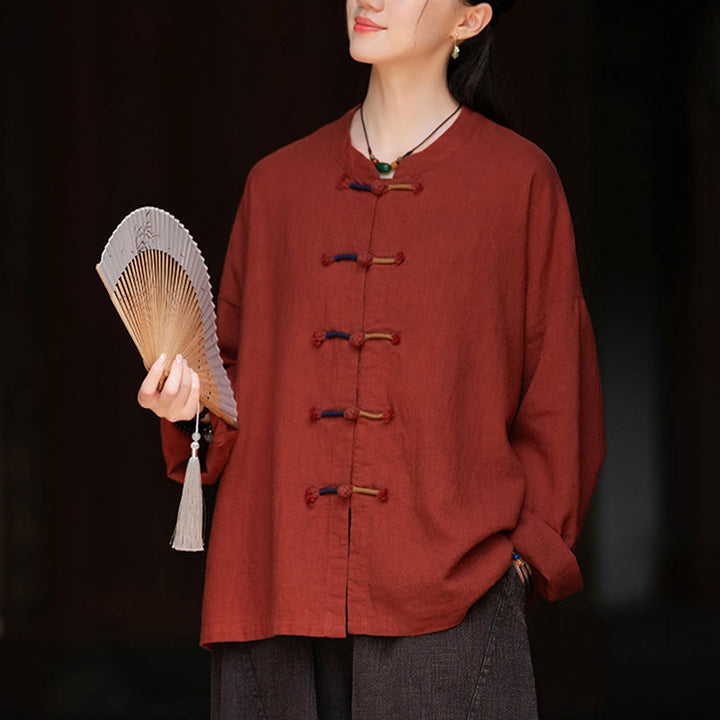 Buddha Stones Solid Color Two-color Frog-button Long Sleeve Ramie Linen Women's Shirt