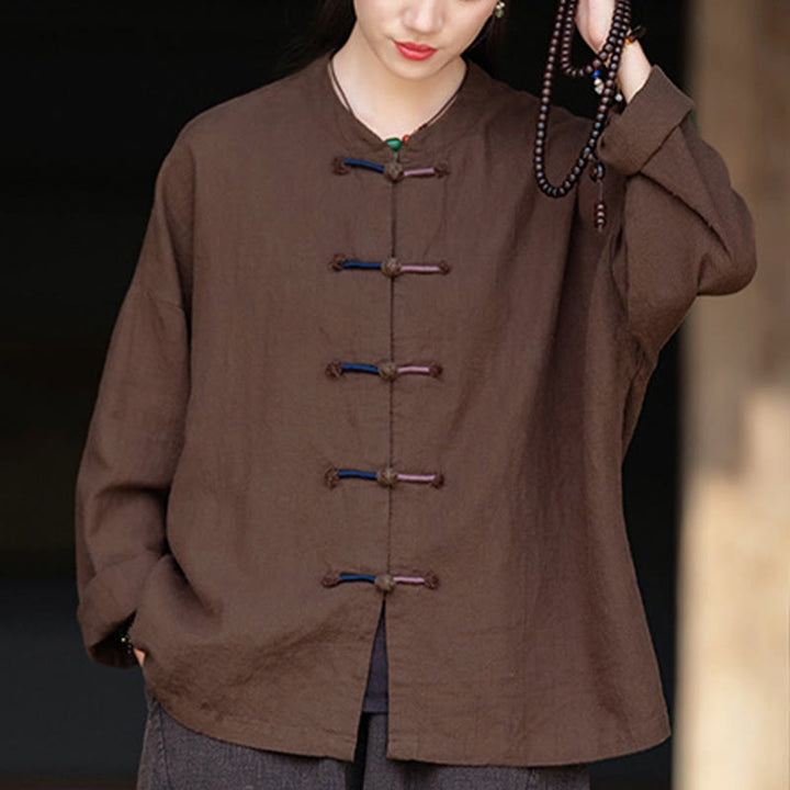 Buddha Stones Solid Color Two-color Frog-button Long Sleeve Ramie Linen Women's Shirt - image 10