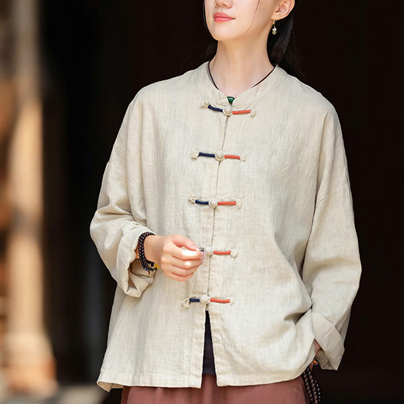 Buddha Stones Solid Color Two-color Frog-button Long Sleeve Ramie Linen Women's Shirt