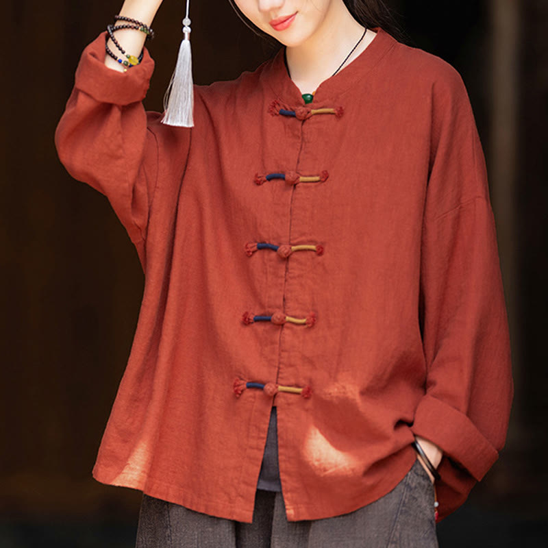 Buddha Stones Solid Color Two-color Frog-button Long Sleeve Ramie Linen Women's Shirt - image 22