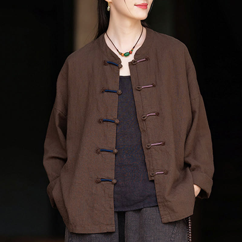 Buddha Stones Solid Color Two-color Frog-button Long Sleeve Ramie Linen Women's Shirt - image 18