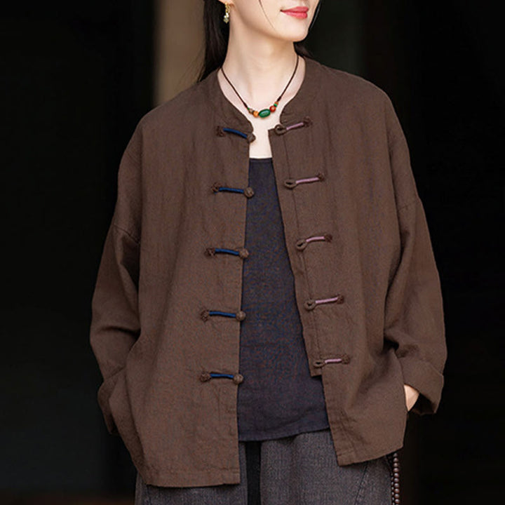 Buddha Stones Solid Color Two-color Frog-button Long Sleeve Ramie Linen Women's Shirt - image 18