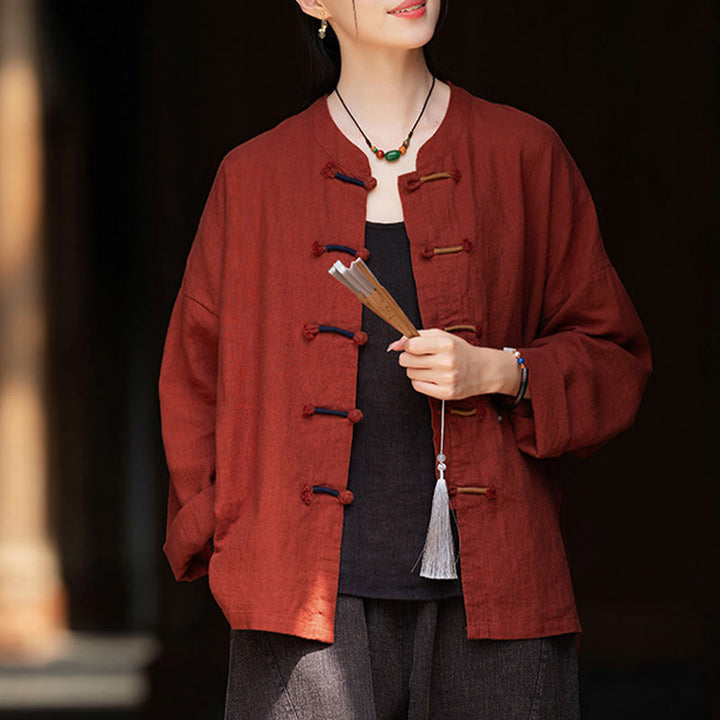 Buddha Stones Solid Color Two-color Frog-button Long Sleeve Ramie Linen Women's Shirt - image 26