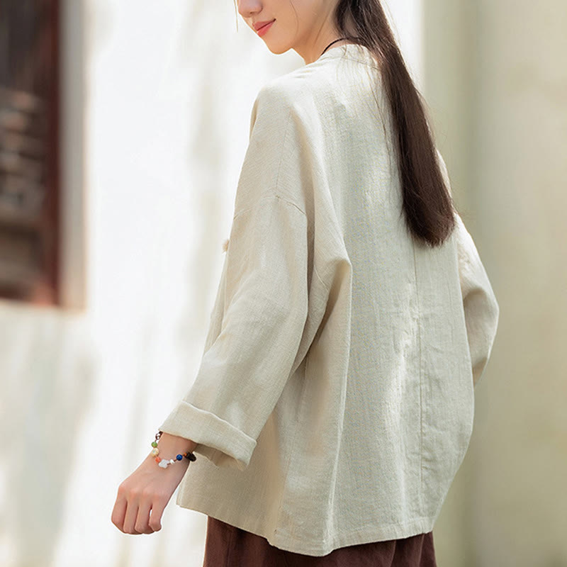 Buddha Stones Solid Color Two-color Frog-button Long Sleeve Ramie Linen Women's Shirt - image 4
