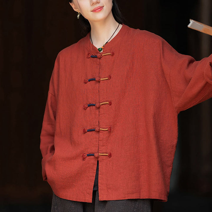 Buddha Stones Solid Color Two-color Frog-button Long Sleeve Ramie Linen Women's Shirt - Red - US4-12，UK/AU8-16，EU36-44 (F) - image 21